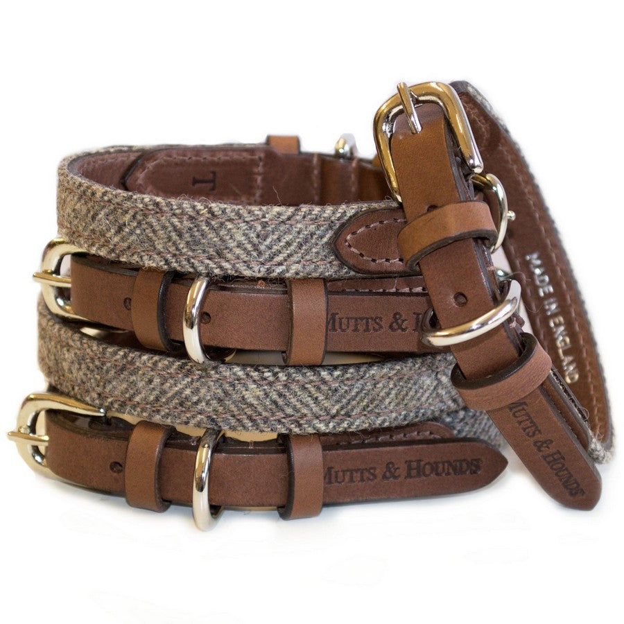 Herringbone Tweed & Leather Dog Collar - Fernie's Choice Classic Country Wear for Dogs